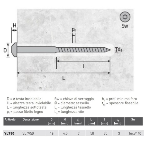 VITE RAPID TESTA SFACCETTATA TORX 7X50 ANTISVITAMENTO
