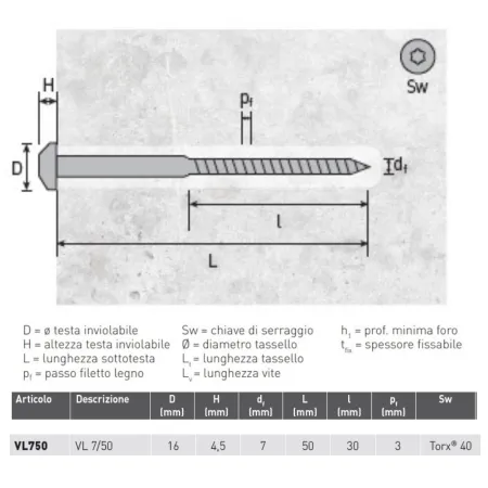 VITE RAPID TESTA SFACCETTATA TORX 7X50 ANTISVITAMENTO