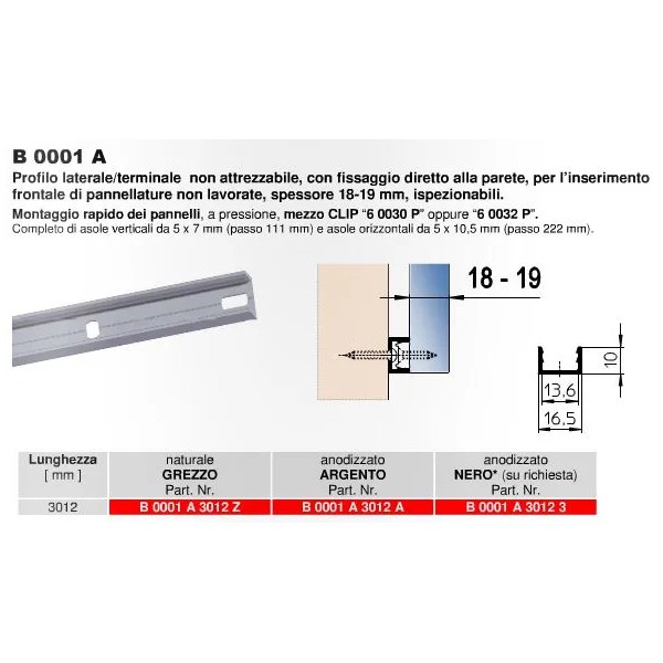PROFILO PROAL LATERALE/TERMINALE mod.B 0001A /3012 mm ARGENTO