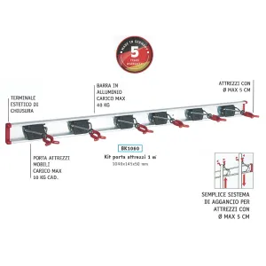 BARRA PORTA ATTREZZI CM 100 IN ALLUMINIO CON 6 GANCI BRUNS - PROMO -