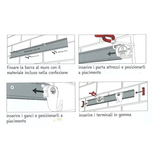 BARRA PORTA ATTREZZI CM 100 IN ALLUMINIO CON 6 GANCI BRUNS - PROMO -