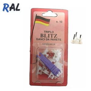 CONFEZIONE 10 GANCI BLITZ DA PARETE CON TRE PUNTE