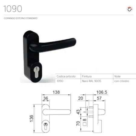 COMANDO ESTERNO STANDARD CON CILINDRO ANTIPANIC  COD.1090 NERO RAL 9005