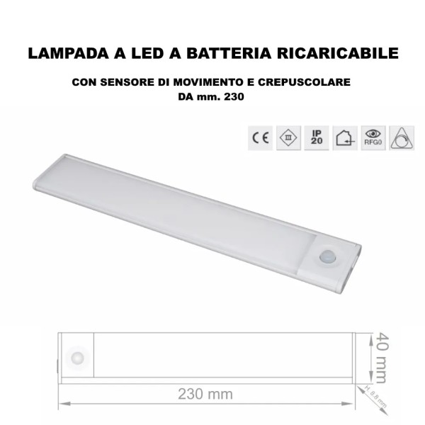 LAMPADA LED A BATTERIA RICARICABILE CON SENSORE DI MOVIMENTO DA MM.230