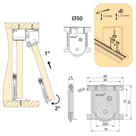 Emuca 6109920 Placard 74 Carrelli 1 Anta 16-19mm Freno Canale