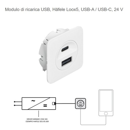 MODULO DI RICARICA 2 USB (1XUSB-A/1XUSB-C)DA INCASSARE O APPLICARE COLORE BIANCO HAFELE 833.73.8091