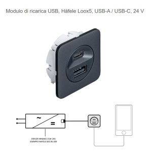 MODULO DI RICARICA 2 USB (1XUSB-A/1XUSB-C)DA INCASSARE O APPLICARE COLORE  NERO HAFELE 833.73.8091