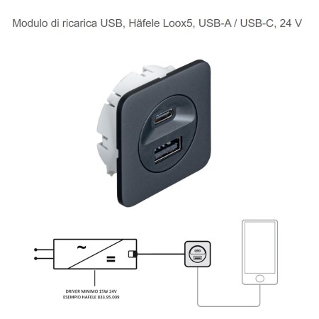 MODULO DI RICARICA 2 USB (1XUSB-A/1XUSB-C)DA INCASSARE O APPLICARE COLORE  NERO HAFELE 833.73.8091