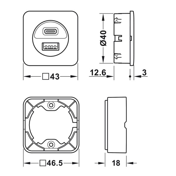 MODULO DI RICARICA 2 USB (1XUSB-A/1XUSB-C)DA INCASSARE O APPLICARE COLORE  NERO HAFELE 833.73.8091