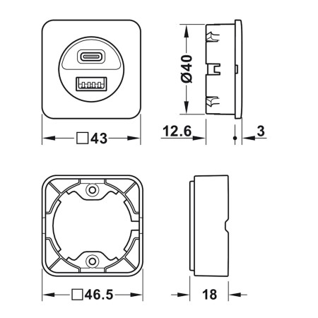 MODULO DI RICARICA 2 USB (1XUSB-A/1XUSB-C)DA INCASSARE O APPLICARE COLORE  NERO HAFELE 833.73.8091
