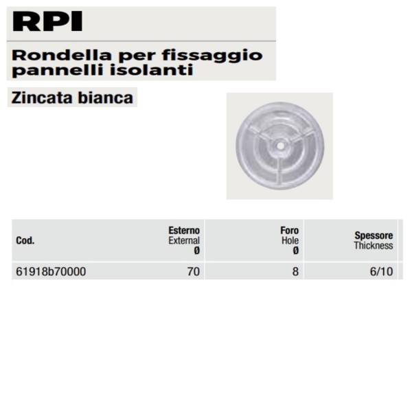 RONDELLA PER FISSAGIO PANNELLI ISOLANTI DIAM.70 MM - FORO 8 MM