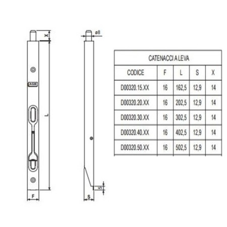 Catenaccio a Leva AGB 320 Frontale 16 mm Bronzato