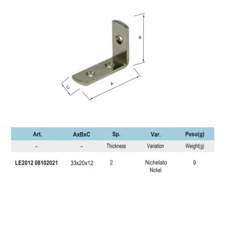LASTRINA ANGOLARE 3 FORI 20 X 33 X 12 MM NICHELATA