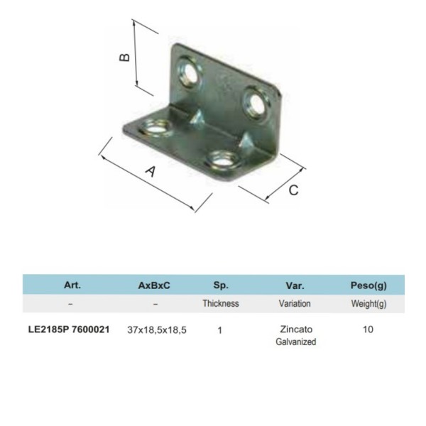 LASTRINA ANGOLARE 4 FORI 18 X 18 X 37 MM ZINCATA