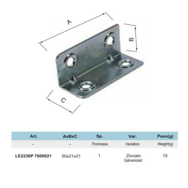 LASTRINA ANGOLARE 4 FORI 21 X 21 X 50 MM ZINCATA