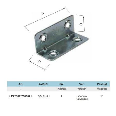 LASTRINA ANGOLARE 4 FORI 21 X 21 X 50 MM ZINCATA