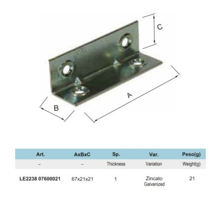 LASTRINA ANGOLARE 4 FORI 21 X 21 X 67 MM ZINCATA