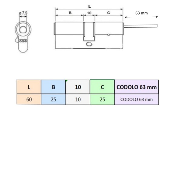 CILINDRO AGB GENIO CON CODOLO LUNGO MM. 60 ( 25-10-25C ) E 5 CHIAVI PUNZONATE