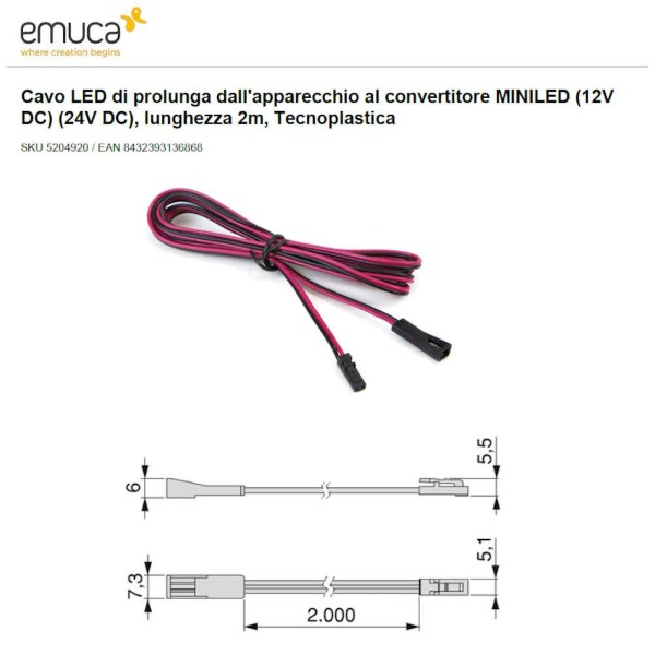 Cavo Prolunga Emuca 2mt per Accessori LED 12V-24V Miniled