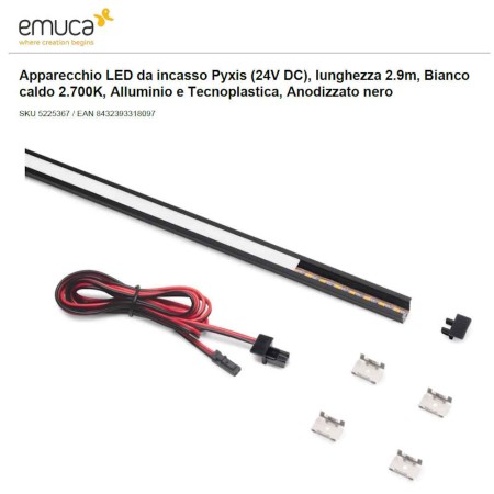PROFILO DA 2,90 INCASSO NERO CON LED 8W/mt 2700K LUCE CALDA, STAFFE E TAPPI EMUCA PIXYS