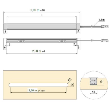 PROFILO DA 2,90 INCASSO NERO CON LED 8W/mt 2700K LUCE CALDA, STAFFE E TAPPI EMUCA PIXYS