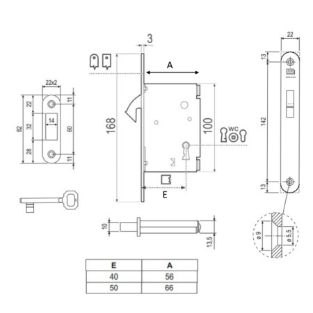 SERRATURA INFILARE CON GANCIO AGB MOD. 701 CHIAVE PATENT CROMO OPACA