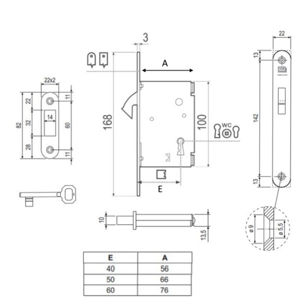 SERRATURA INFILARE CON GANCIO AGB MOD. 701 CHIAVE PATENT OTTONATA