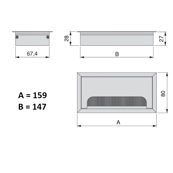 Bocchetta Passacavo Rettangolare Emuca Alluminio Opaco 158x80mm