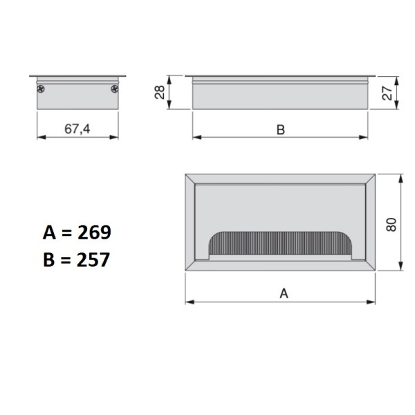 Bocchetta Passacavo Rettangolare Emuca Alluminio Opaco 269x80mm