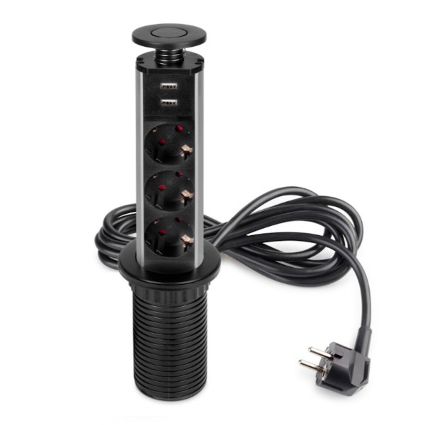 Multipresa Estraibile Verticale Emuca Alluminio Nero 3 Prese USB