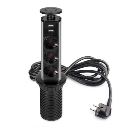 Multipresa Estraibile Verticale Emuca Alluminio Nero 3 Prese USB
