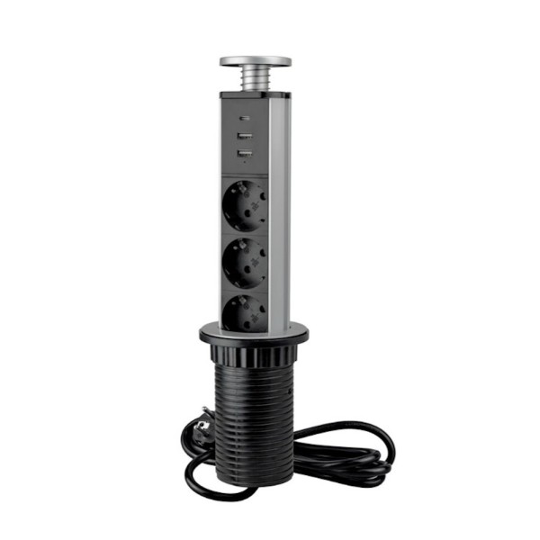 Multipresa Estraibile Verticale Emuca Alluminio Grigio 3 Prese USB