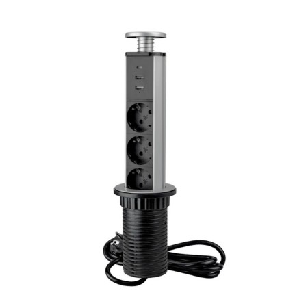 Multipresa Estraibile Verticale Emuca Alluminio Grigio 3 Prese USB