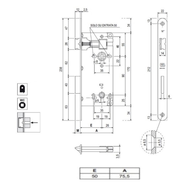 SERRATURA AGB PATENT GRANDE BAGNO Q.6 MM BORDI TONDI ENT. 50 MM