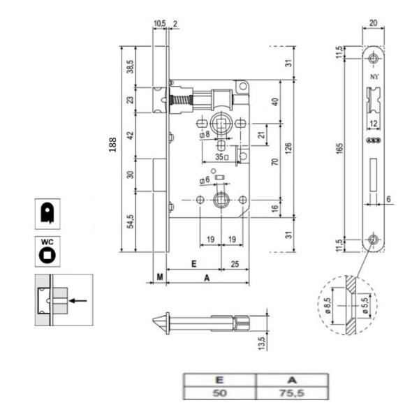SERRATURA AGB PATENT PICCOLA BAGNO Q.6 MM BORDI TONDI ENT. 50 MM