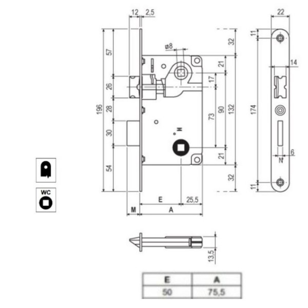 SERRATURA AGB PATENT CENTRO BAGNO Q.6 MM BORDI TONDI ENT. 50 MM