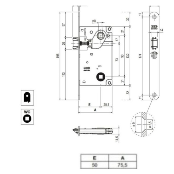 SERRATURA AGB PATENT CENTRO BAGNO SOLO SCROCCO BORDI TONDI ENT. 50 MM CROMO OPACA