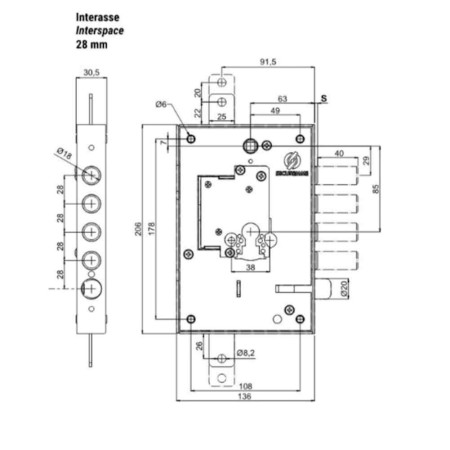 SERRATURA SECUREMME TRIPLICE 2501DCR0328 ENTRATA 63 DX INTERASSE 28 SENZA CUORE