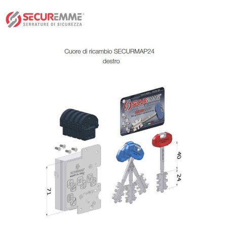 CUORE DI RICAMBIO SECUREMME DESTRA SECURMAP24 / 3+1 CHIAVI DOPPIA MAPPA L.85mm.