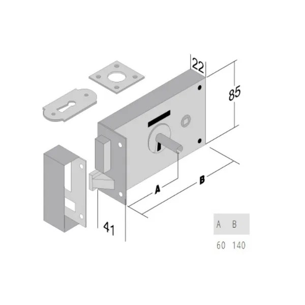 SERRATURA BONAITI DA APPLICARE ART.177 SCATOLA LARGHEZZA 140 mm ENTRATA 60 mm DESTRA