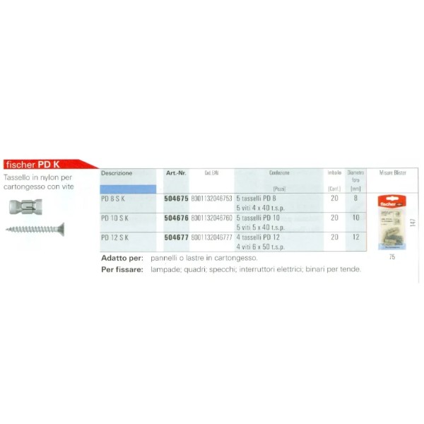 BLISTER DI 5 TASSELLI FISCHER PD 8 SK CON VITE