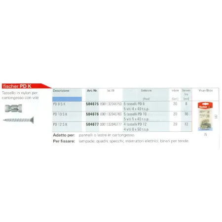 BLISTER DI 5 TASSELLI FISCHER PD 8 SK CON VITE