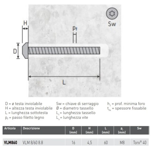 VITE RAPID TESTA SFACCETTATA TORX M8X60 ANTISVITAMENTO