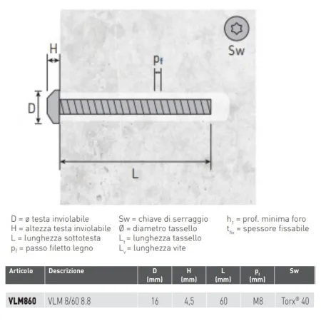 VITE RAPID TESTA SFACCETTATA TORX M8X60 ANTISVITAMENTO