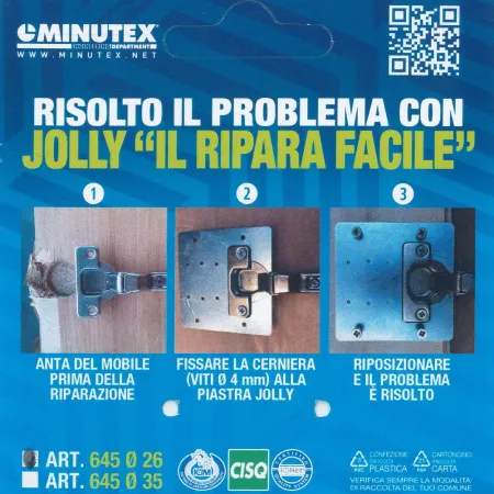 PIASTRA JOLLY  MINUTEX PER RIPRISTINO FORO CERNIERA DIAM.26 SUL LEGNO ROVINATO