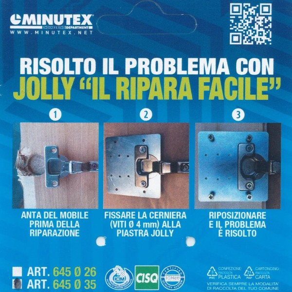 PIASTRA JOLLY  MINUTEX RIPRISTINO FORO CERNIERA D.35 SUL LEGNO ROVINATO
