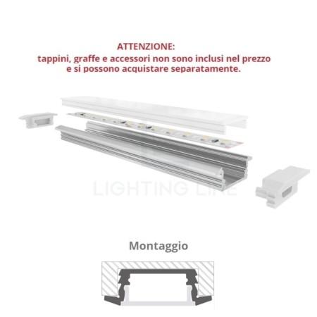 PROFILO PER LED DA INCASSO IN ALLUMINIO CON COPERTURA OPACA BARRA 3,0 MT