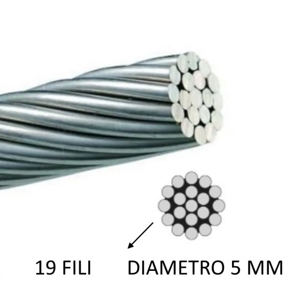 FUNE ACCIAIO PER TESATE 19 FILI DIAM. 5 MM X 100 MT